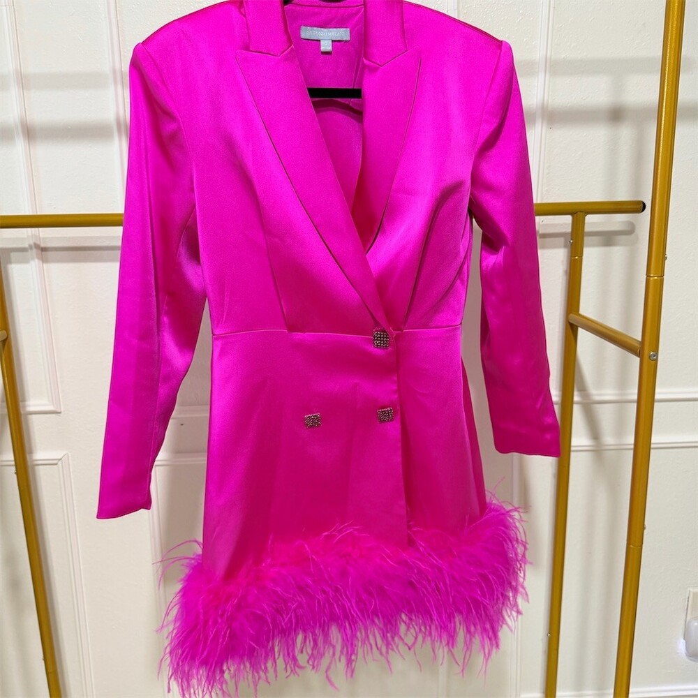 Antonio Melani Blazer Dress Womens Size 2 Pink Satin Look Feather Hem